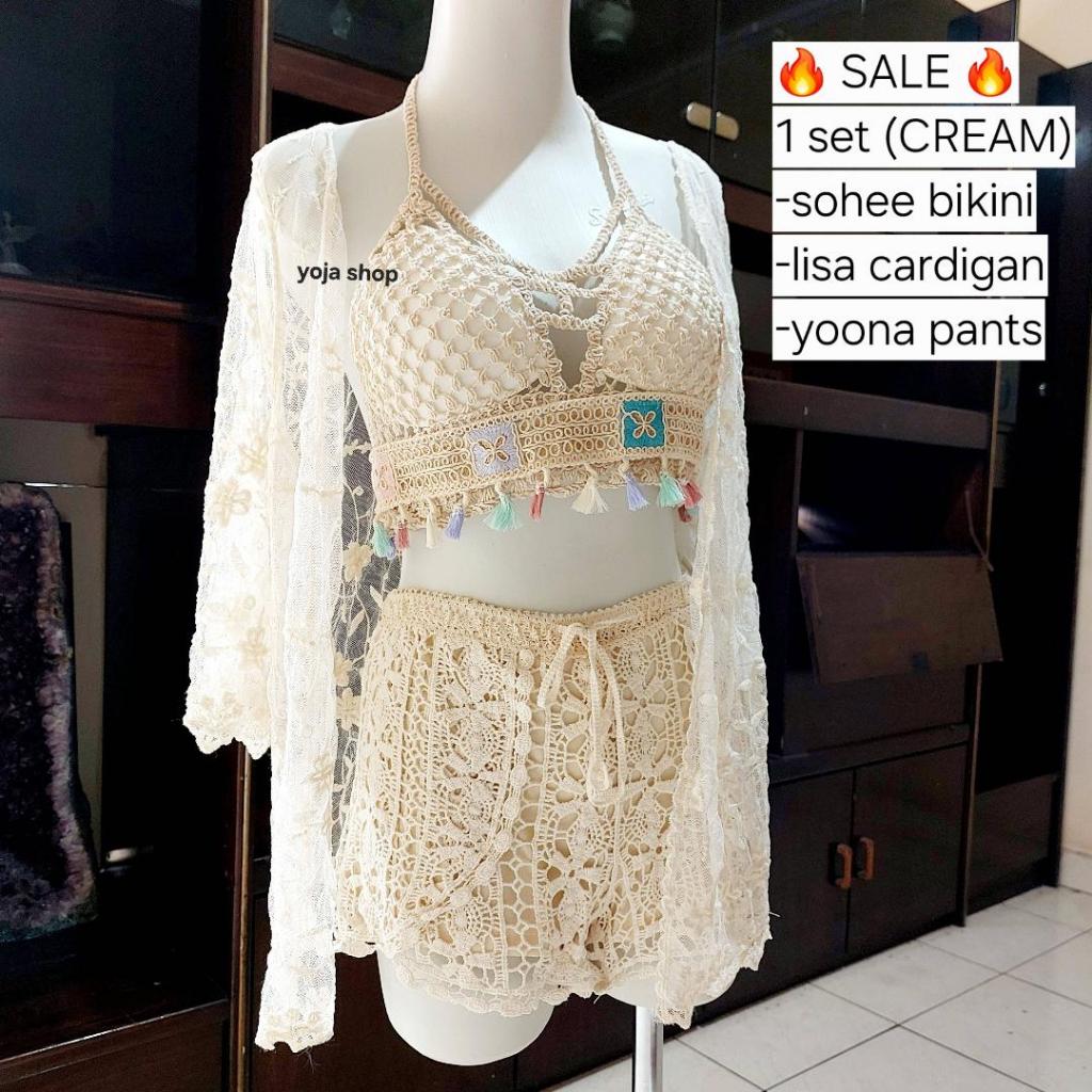 YOJA SHOP 1 set/3 pcs Bikini Cardigan Short pants  Rajut bohemian / Swimsuit / Setelan Baju Renang /