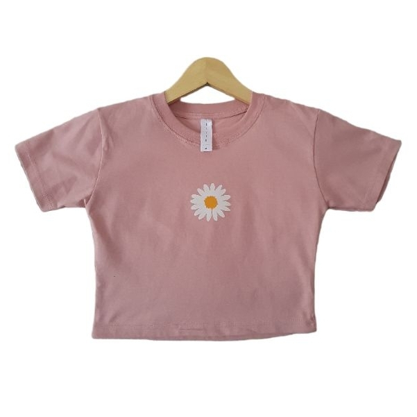 CROP TOP KAOS WANITA BAJU CROP LENGAN PENDEK ATASAN WANITA GAMBAR BUNGA MATAHARI DUSTY PINK