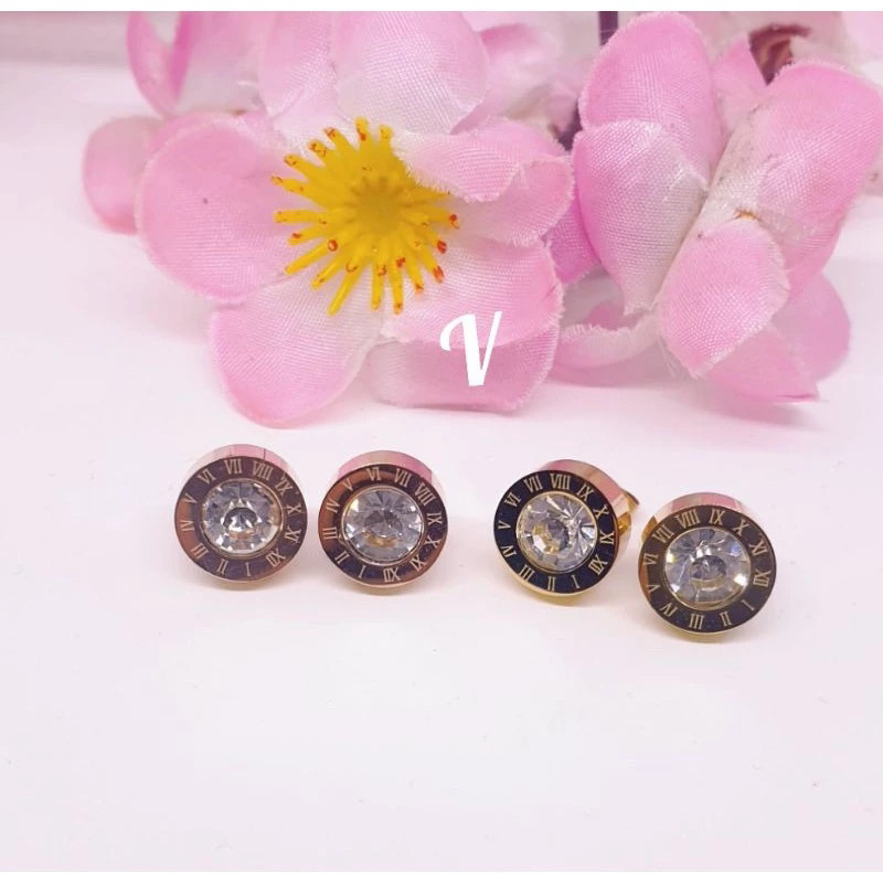 Anting Titanium Anti Karat Tidak Alergi Giwang Permata Romawi Warna Gold