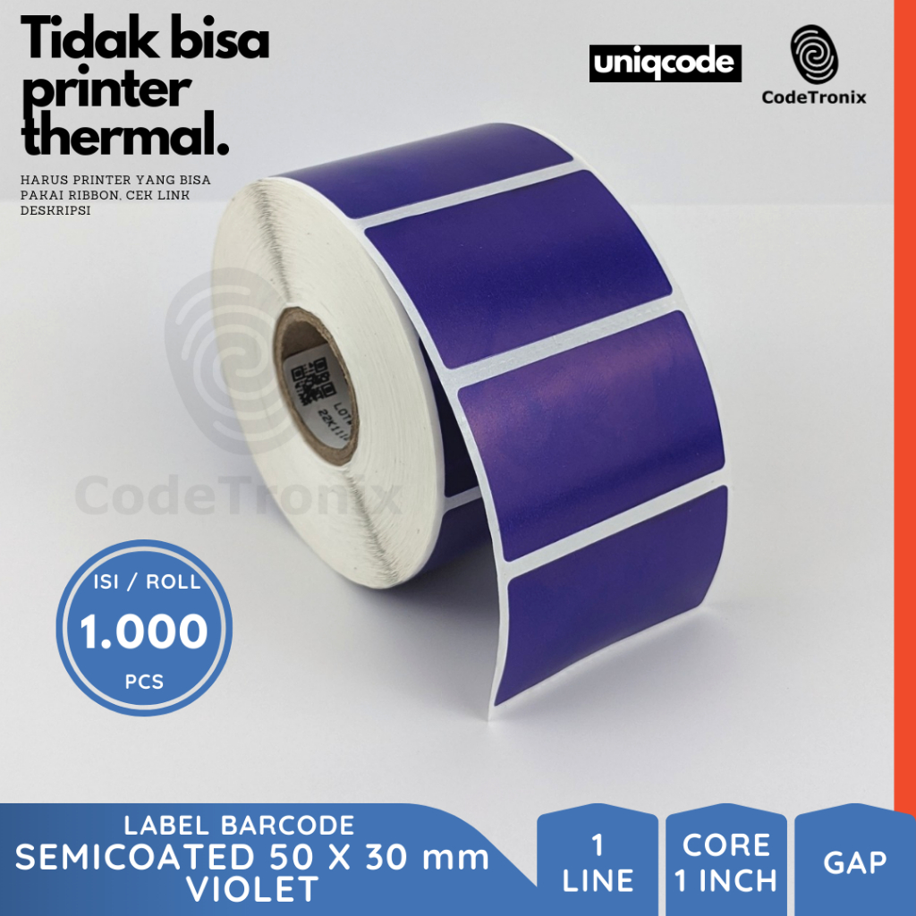 

Label Stiker Kertas Semicoated 50x30 Barcode Sticker Roll Violet 1 Line 1000 pcs