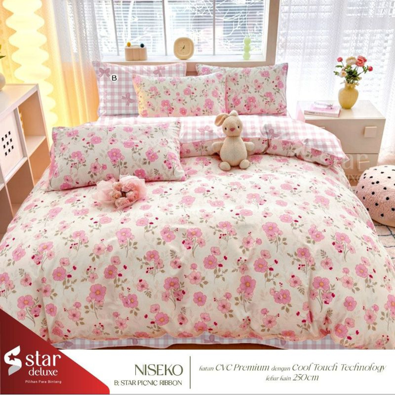 Sprei Katun Lokal Premium Homemade / Sprei Motif Niseko warna bunga Biru dan Pink dasar Putih Terbar