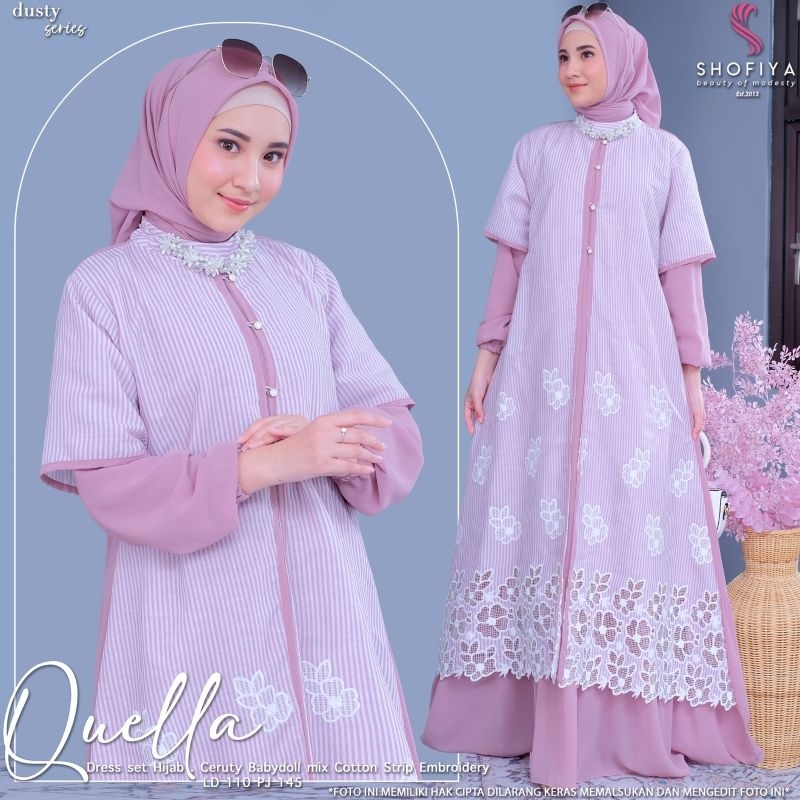 gamis dress terbaru Quella dress set hijab ceruty baby doll mix cotton strip embroidery original by 