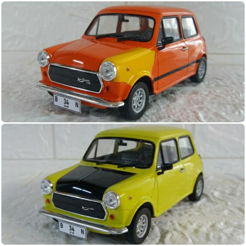 Sepasang Diecast / Miniatur Welly Morris Mini Cooper Mr.Bean Orange First Car & Green Stabilo skala 