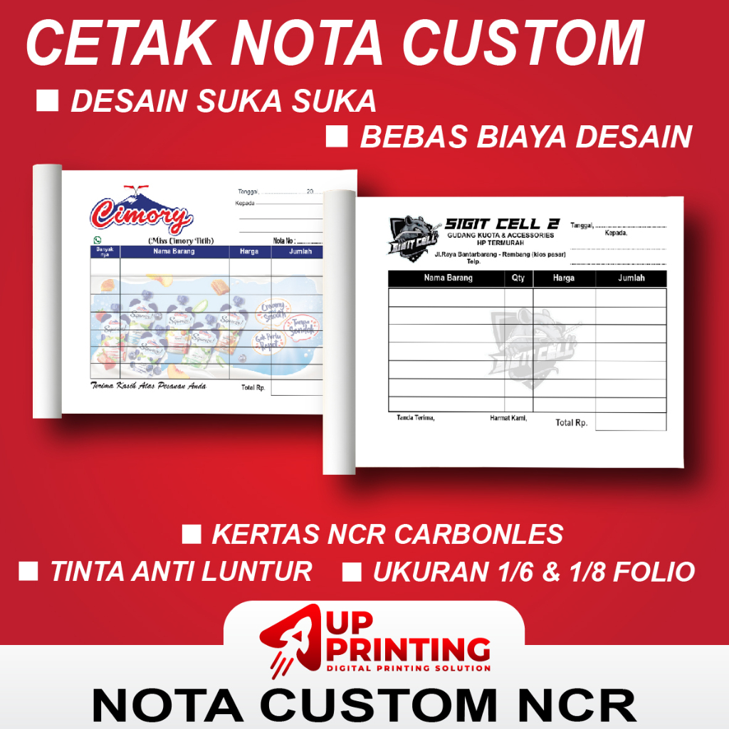 

CETAK NOTA CUSTOM KECIL UKURAN 1/6 & 1/8 FOLIO NOTA CUSTOM NCR NOTA PENJUALAN FREE DESAIN