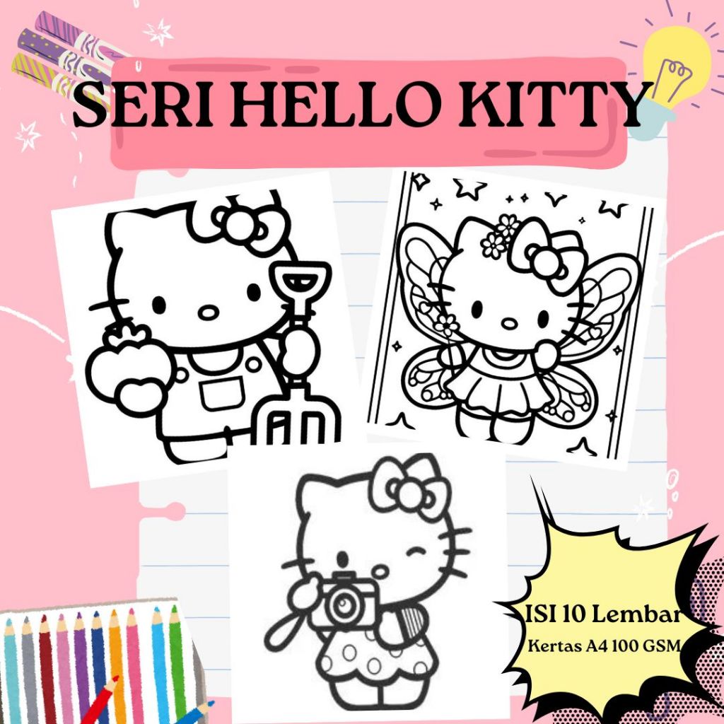 

10 Lembar kertas mewarnai anak ukuran A4 100 gsm seri Hellokitty