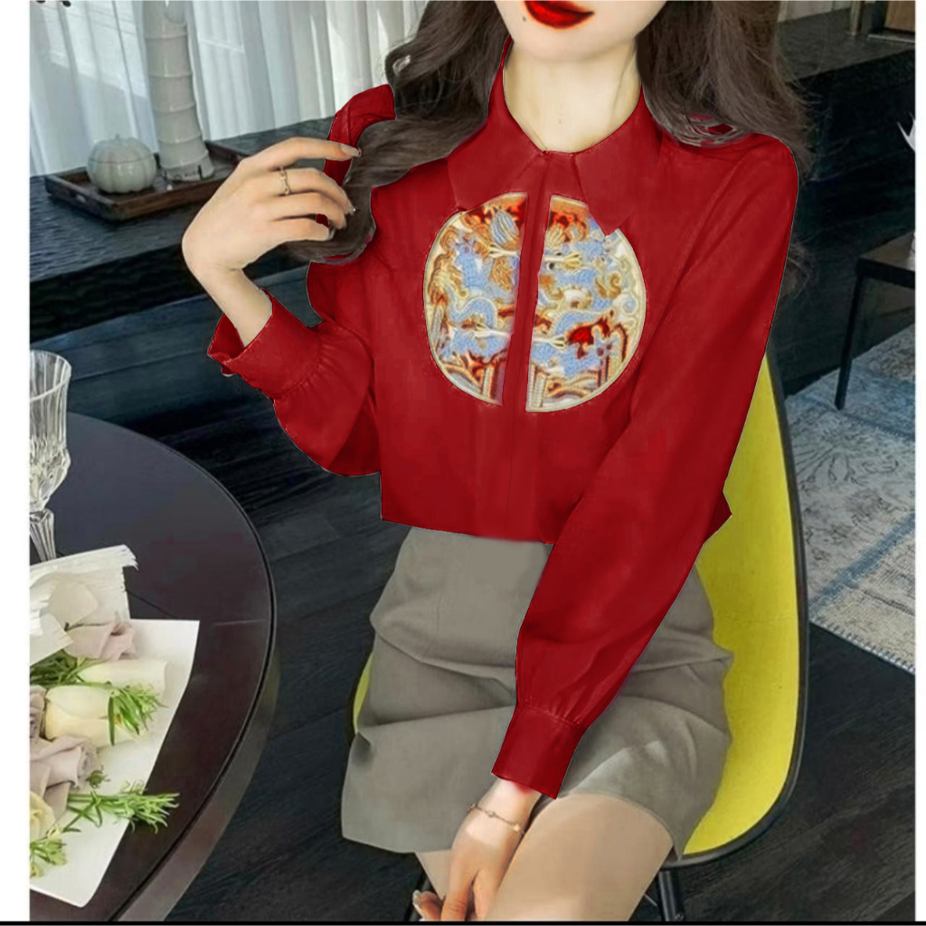 Kemeja Cheongsam Imlek Wanita / Atasan Qibao Konyen