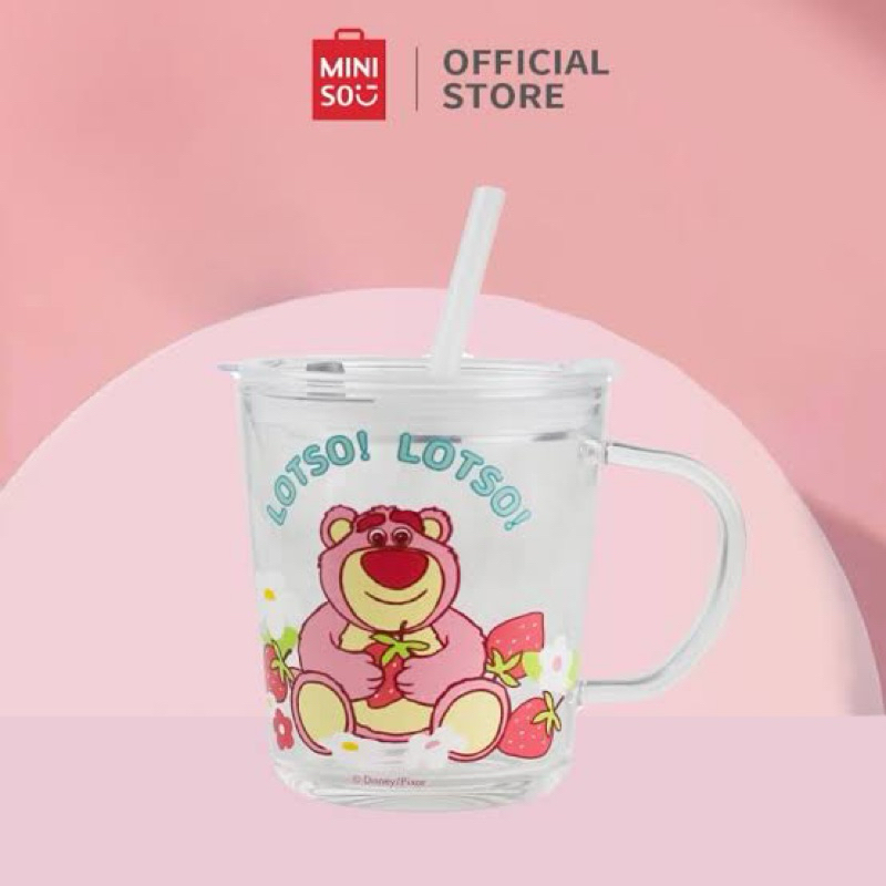 Miniso Lotso Glass tumbler 400ml with straw cangkir lotso with handle / Gelas minum cangkir minum ge
