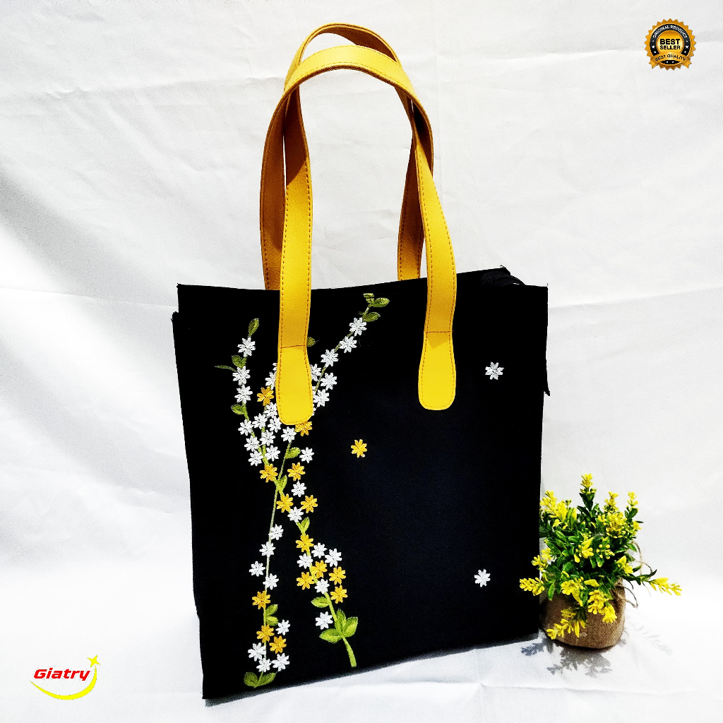 Tas bahu map bordir melati kecil aplikasi tas map kece tas zipper jinjing tas serbaguna