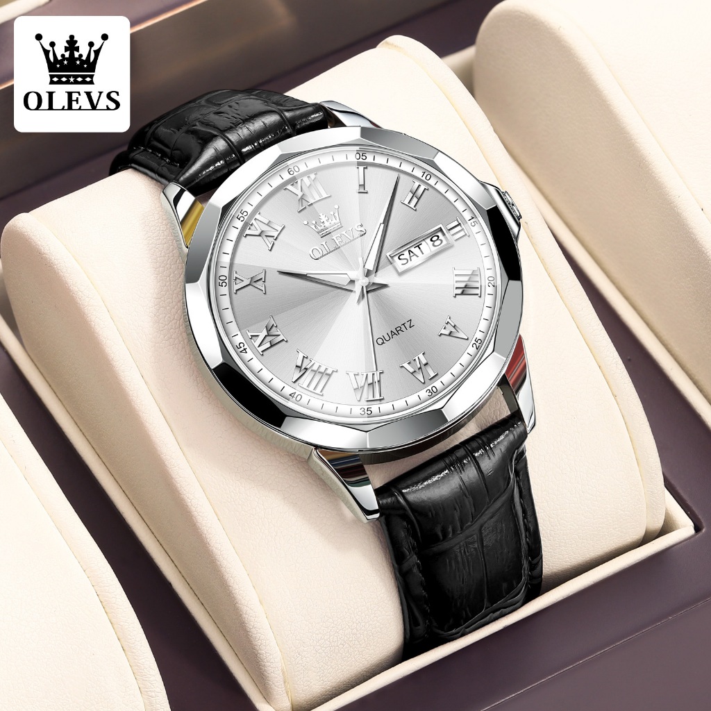 OLEVS Jam Tangan Pria Anti Air Terbaru Original 100% Kulit Strap Casual Quartz Jam Tangan Keren