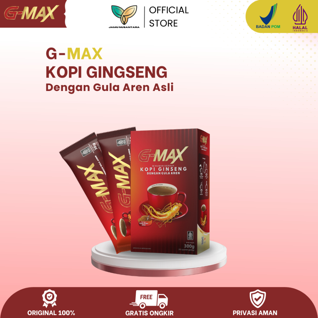 

KOPI G-MAX - Kopi Gingseng Korea Dengan Gula Aren Asli 1 BOX isi 10 Sachet Original