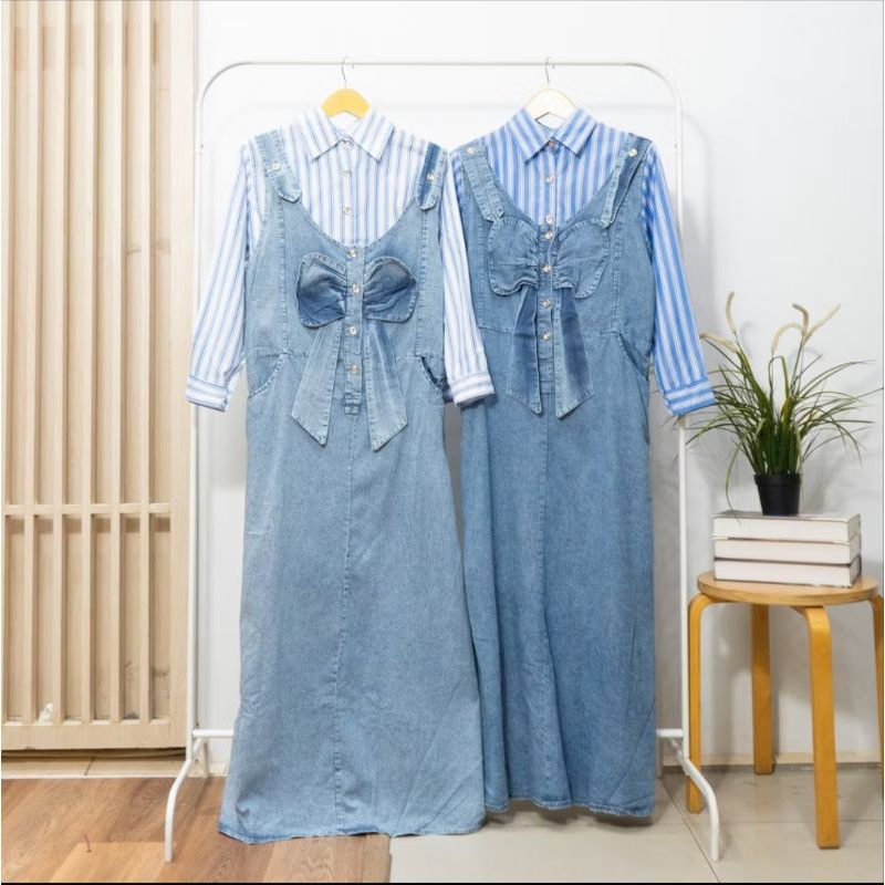 Kemeja Set Overall Jeans Wanita dewasa