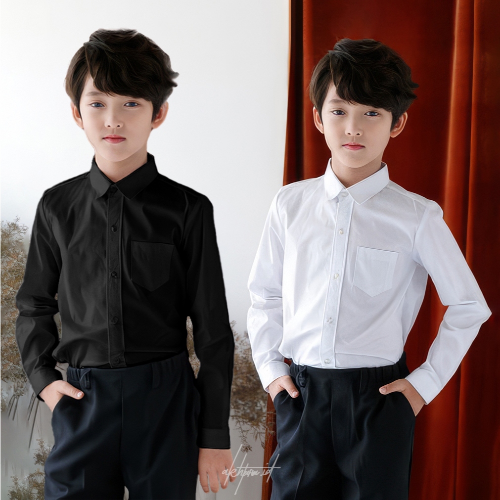 Kemeja Hitam Putih Anak Laki Laki Polos Lengan Panjang