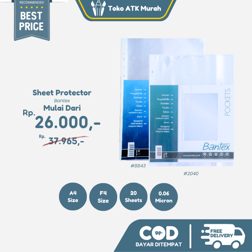 

PP Pocket Bantex Pocket With Top Opening A4 #2040 / Folio #8843 ( 20 Sheets )