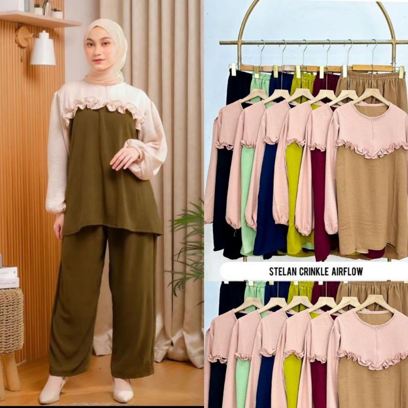 Setelan Crinkle Airflow Setelan Baju dan Celana | Setelan wanita dewasa/Jumbo | Setelan Shimer Kekin