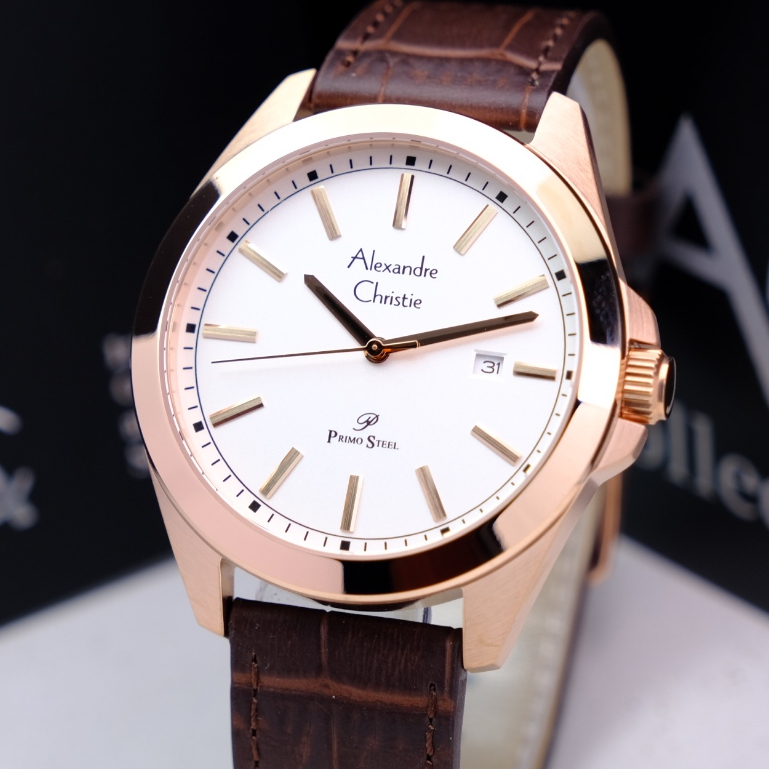 Alexandre Christie Pria Terbaru Original Warna Rosegold White Brown - AC1015 Strap Kulit