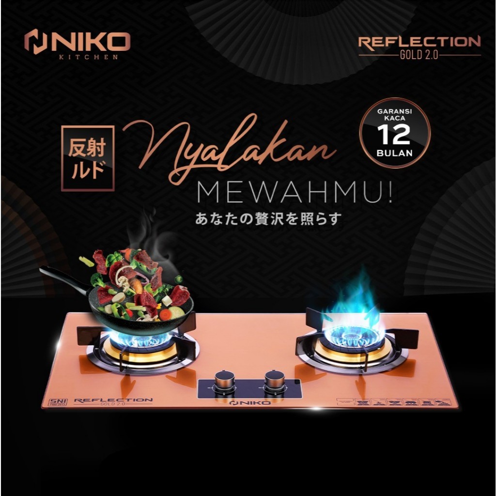 Niko Kompor Gas Kaca Reflection Gold & Black Series Kompor Gas Tanam 2 Tungku / 3 Tungku