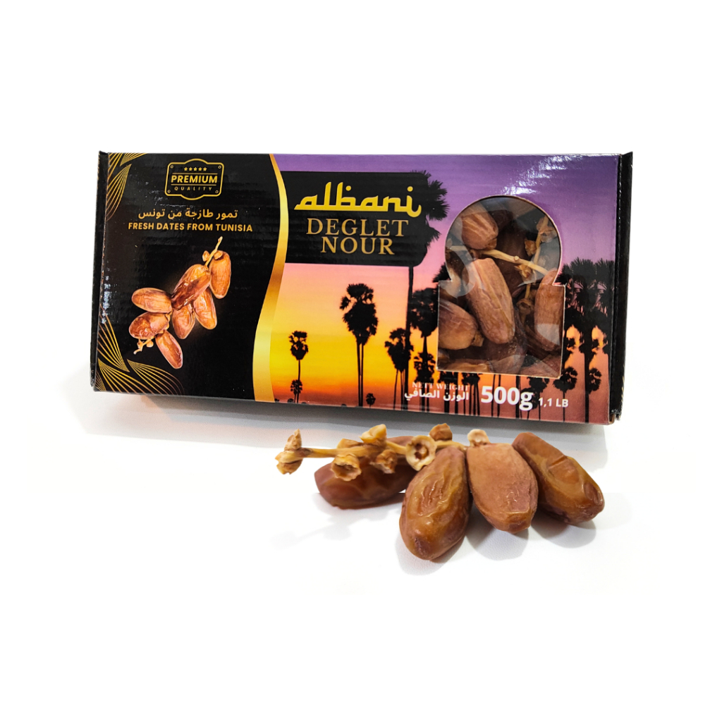 

Kurma Tangkai Box 500gr / Deglet Noor Albani / Kurma Tangkai / Kurma Tunisia Tangkai / Alghaizan