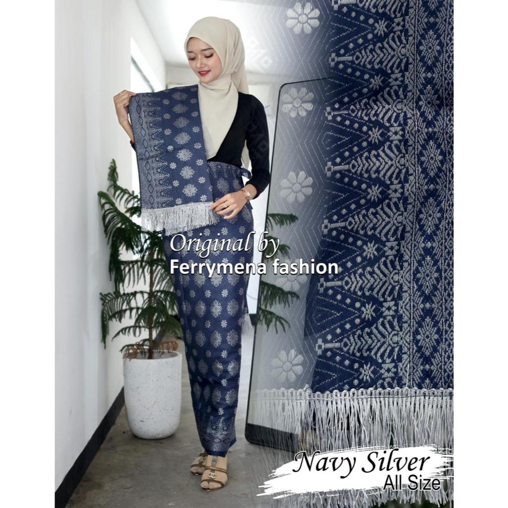 Rok Lilit Songket Dan Selendang Songket Bahan Premium Navy Silver