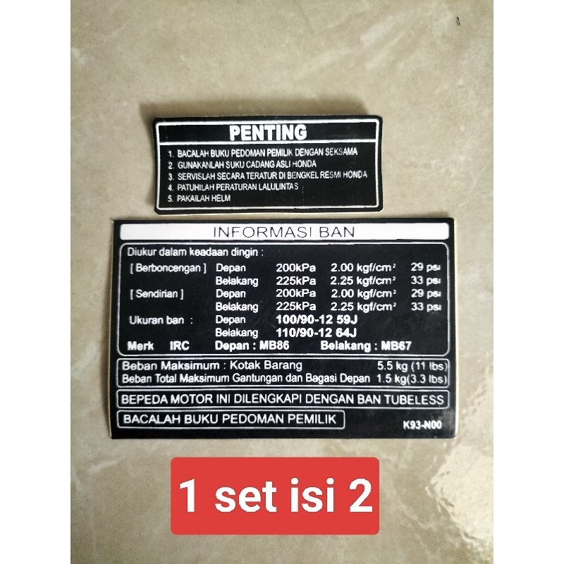 STIKER INFORMASI BAN PENTING HONDA VARIO BEAT SCOOPY 1 SET  ISI 2 PCS