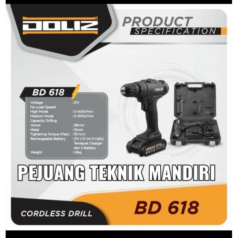 MESIN BOR BATERAI CORDLESS DOLIZ BD 618 / MESIN BOR BATERAI DOLIZ 618