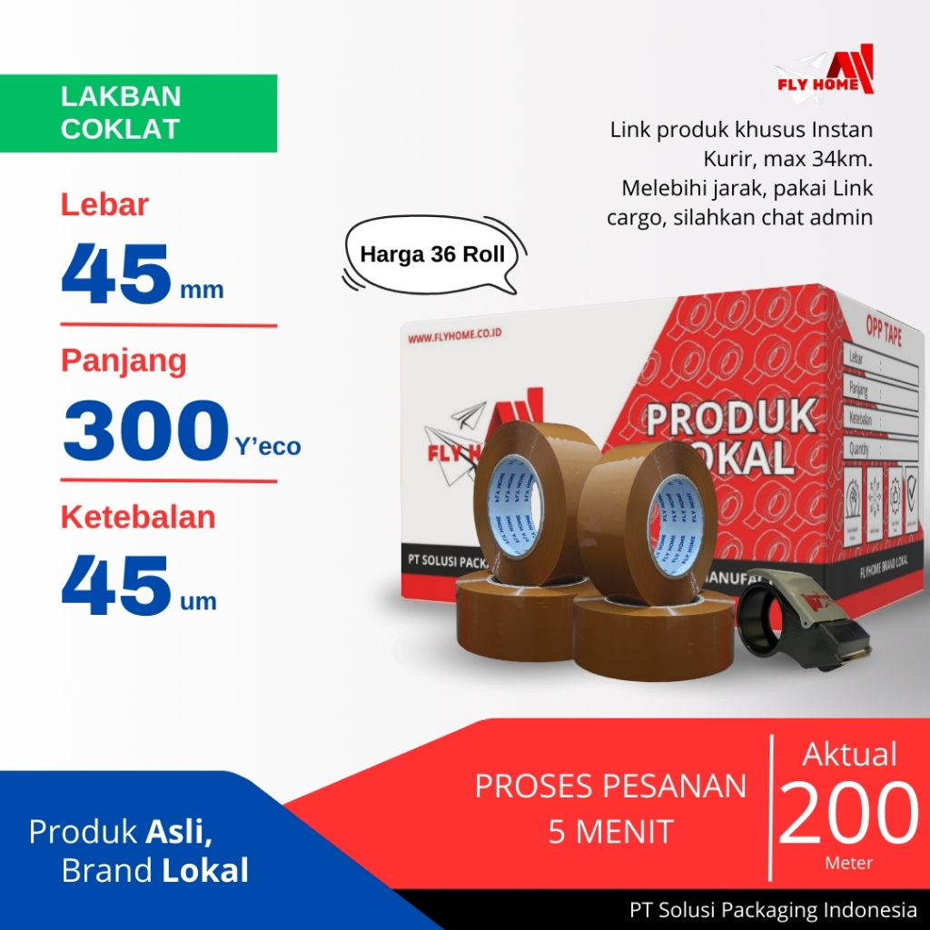

FLYHOME Lakban coklat 1 dus 300yard 36 roll 45mm x 300yard lakban jumbo 300 yard ECO Instan