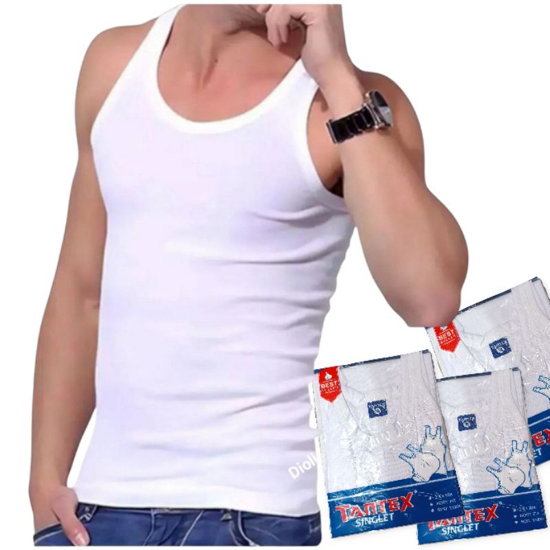 Singlet cowok tantex katun / Tantex singlet putih salur / Singlet Tantex cowok / Daleman cowok singl