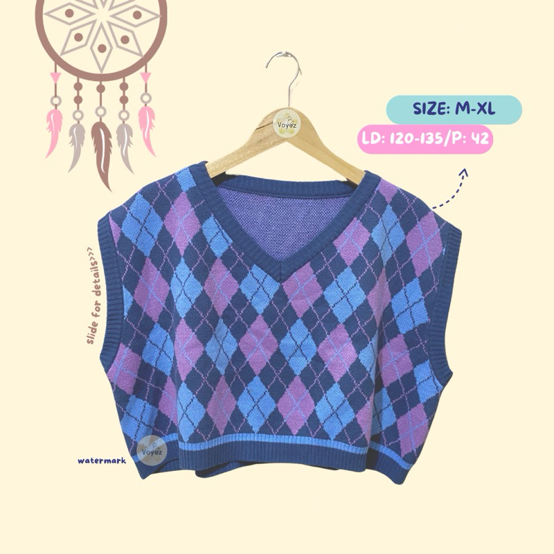 Vest Ketupat Navy Biru Ungu | Argyle Purple Blue Vest
