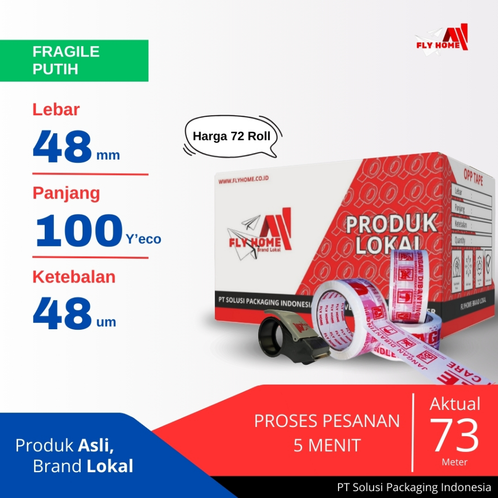

FLYHOME Fragile putih 100yard 1 dus 48mm x 100yard 2inci 72 roll lakban printing 100 yard ECO Cargo