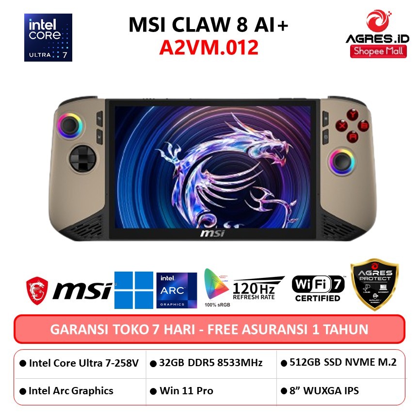 MSI CLAW 8 AI+ ULTRA 7 258V 32GB 512GB W11 8.0 WUXGA 120HZ IPS 100SRGB -A2VM.012