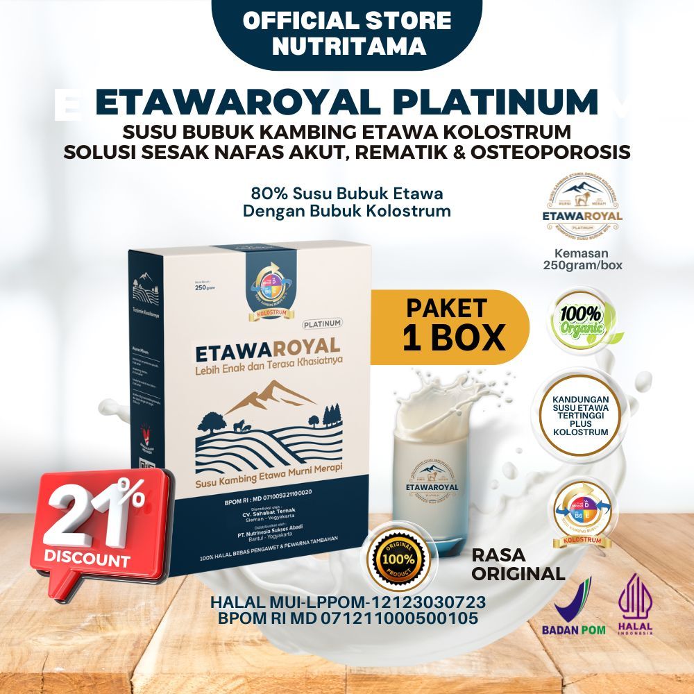 

ETAWAROYAL Platinum Perubahan merk Etawaplus Platinum Asli - Susu Kambing Etawa Untuk Sesak Nafas dan Nyeri Dada - Kemasan 250gr Paket 1 Box Rasa Original