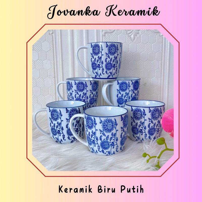 Mug keramik biru putih / cangkir keramik biru putih