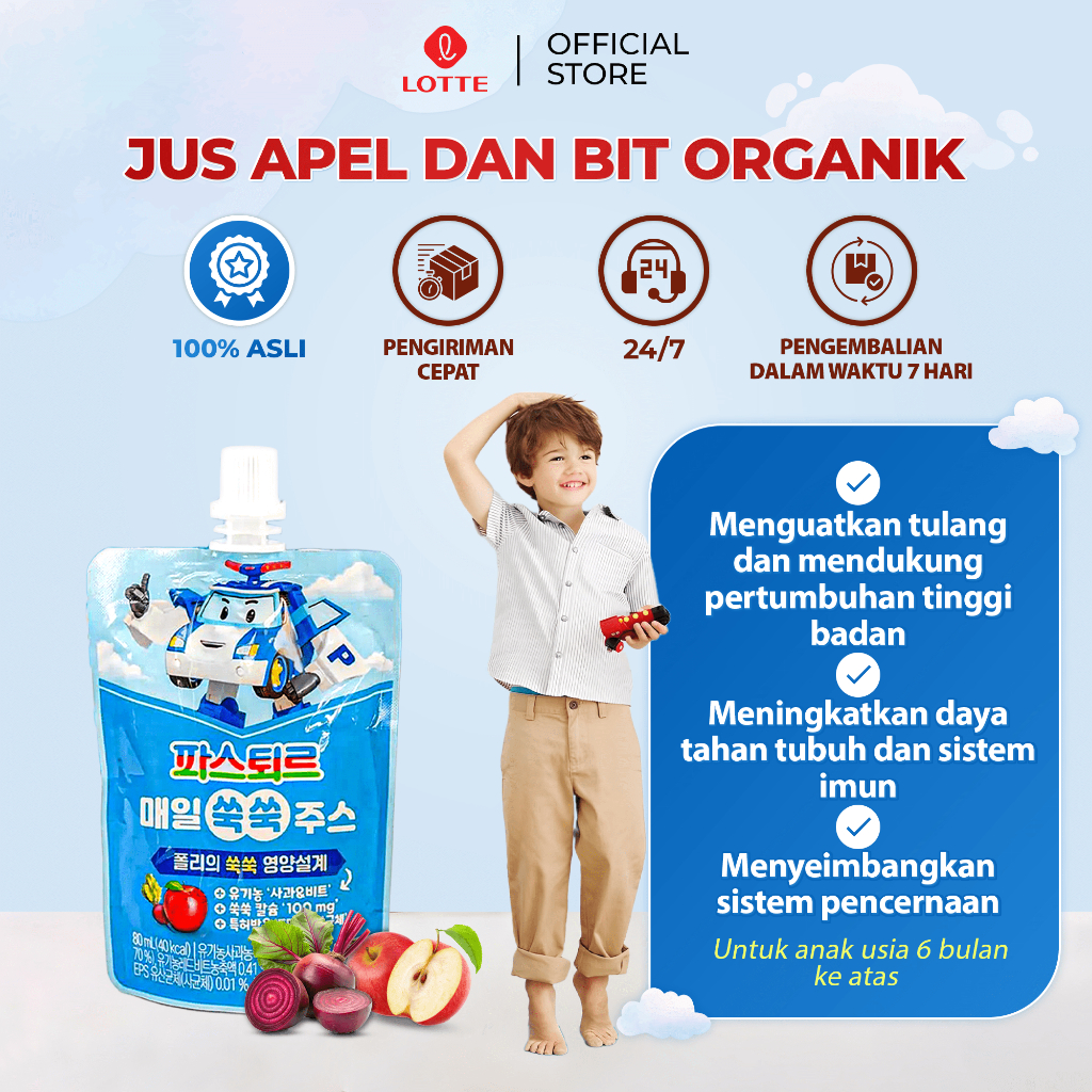 

Jus Buah Rasa Apel dan Bit Tanpa Gula 80ml - LOTTE Organic Memberi Asupan CAL untuk Tulang Anak Lebih Kuat - Juice, Susu