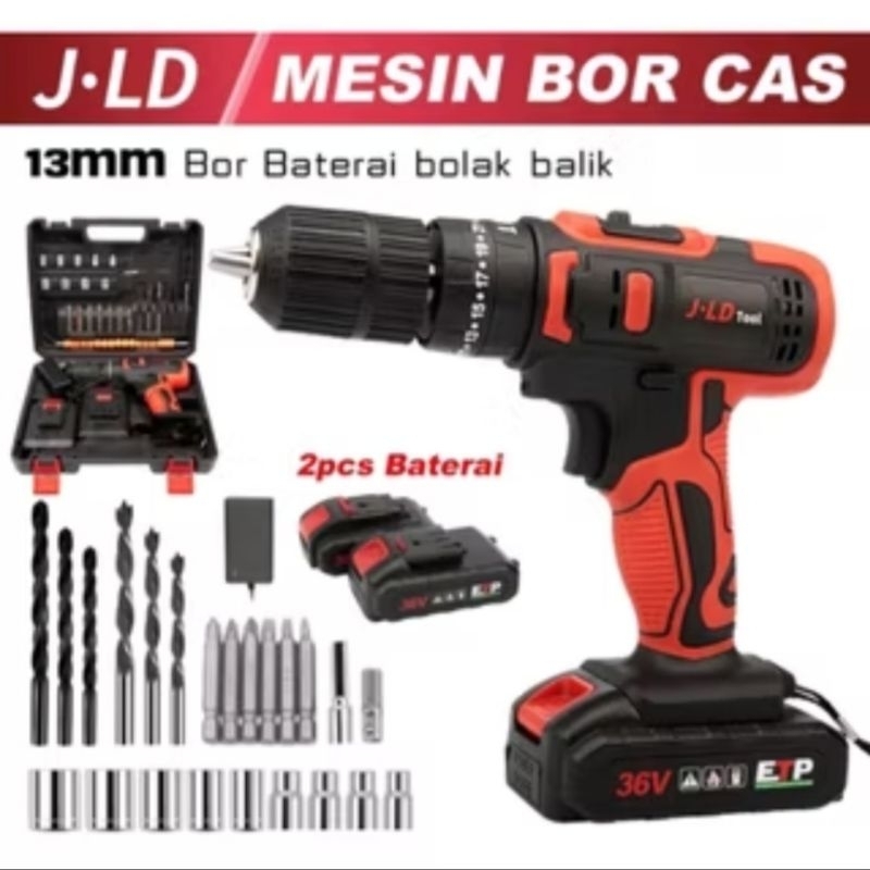 JLD Bor 13 mm 2 baterai 36Vf Bor Cordless - Mesin bor beton baterai - Bor JLD 36Vf 13 mm Banjarmasin