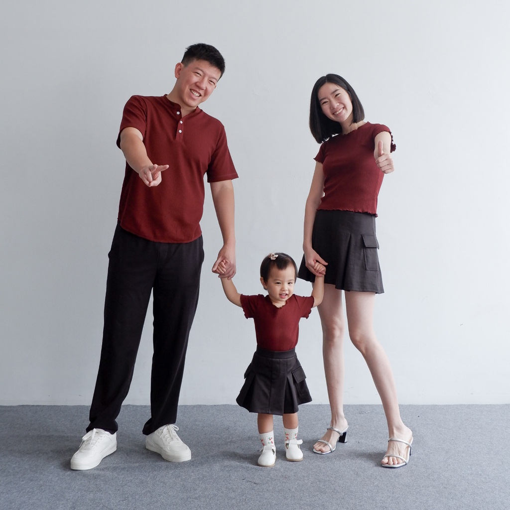 Isla Camila Maroon Family - Set Pakaian Keluarga - Baju Couple - Kemeja Lengan Pendek - Baju Imlek -