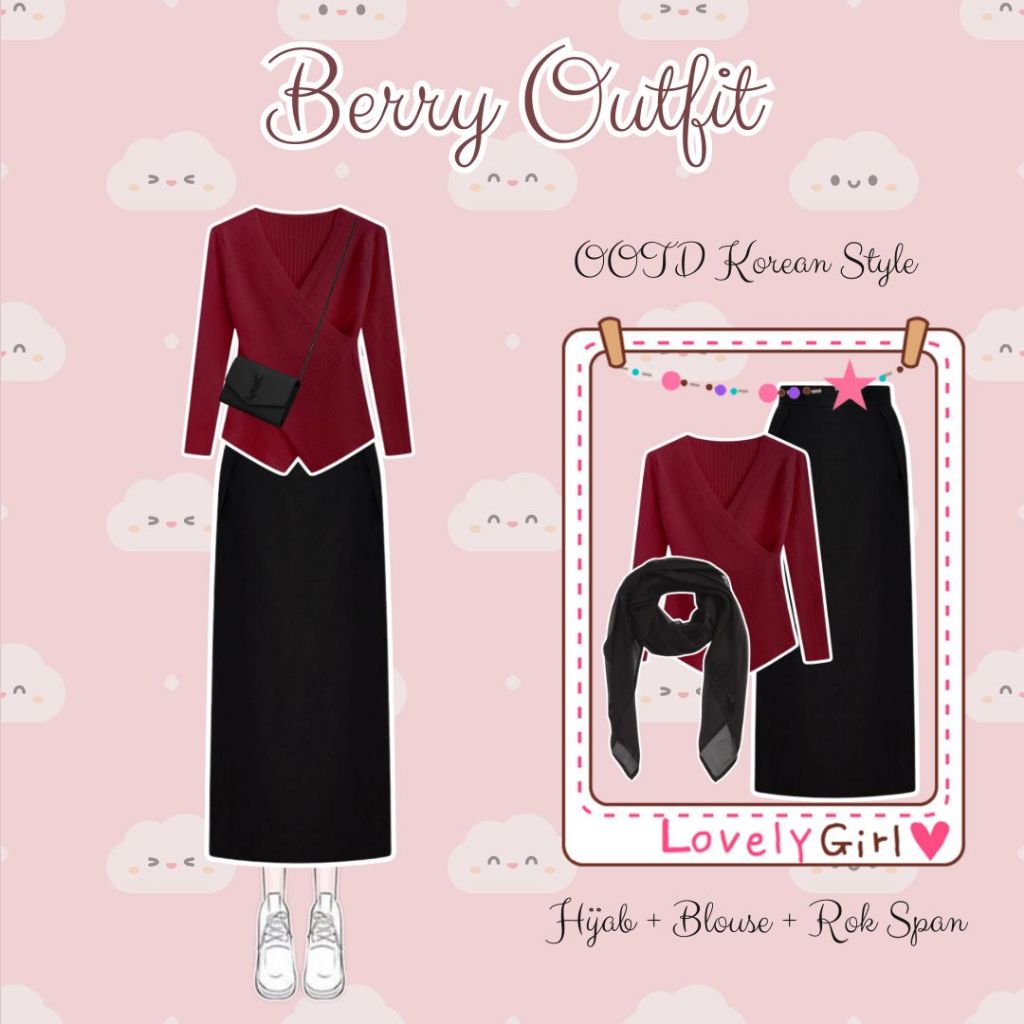 Berry Outfit 3in1 ( Hijab + Blouse + Rok Span ) OOTD Korean Style