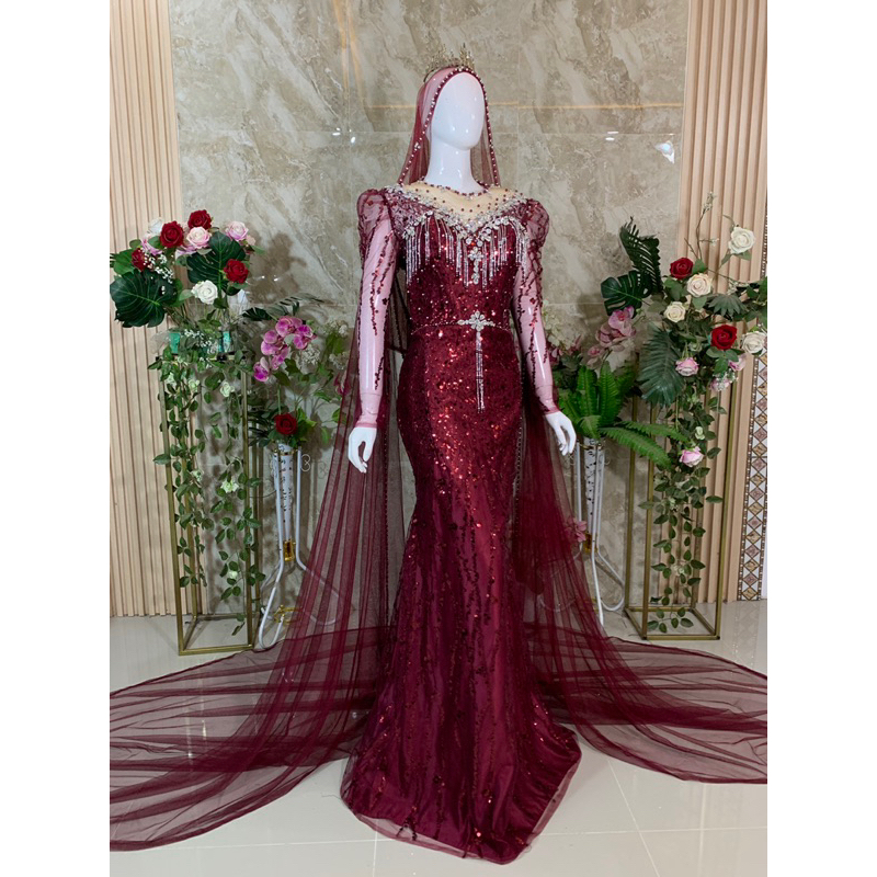 gaun pengantin slim maroon free jubah kerudung