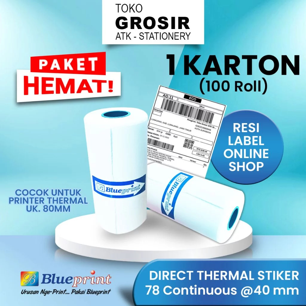 

(LIVE) PROMO HEMAT 78x40 (1 KARTON@100 roll) Resi Label Pengiriman Kertas Thermal Sticker Barcode BLUEPRINT Stiker Termal- 80mm<A6 PAKET HEMAT