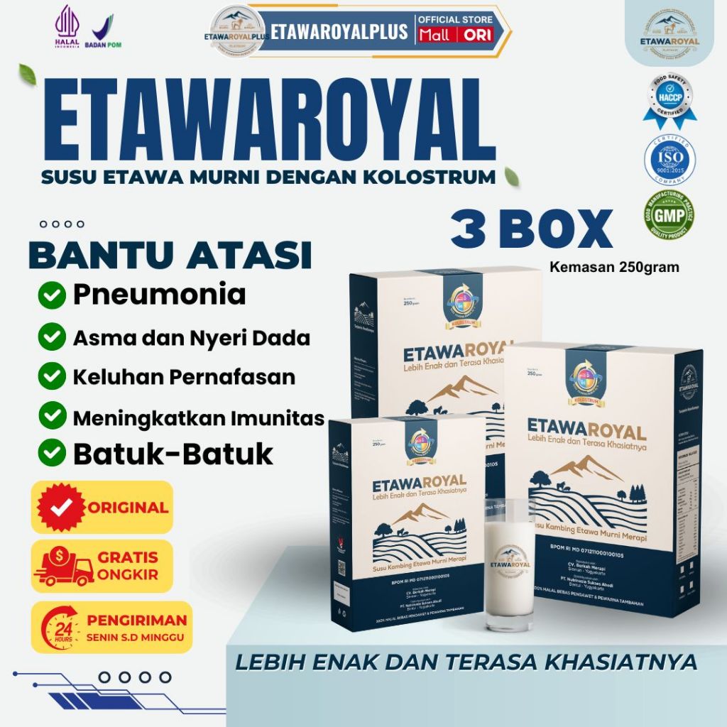 

ETAWAROYAL Kolostrum PAKET HEMAT 3BOX 750gram - Etawa platinum Susu Etawaroyal Skyagoat Gomars Susu kambing Platinum - Susu kambing premium / susu kambing bubuk / Susu etawa bubuk / Susu etawa kemasan 250gram