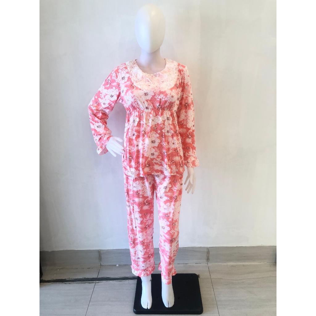 Setelan baju tidur wanita import premium renda dada model tangan panjang
