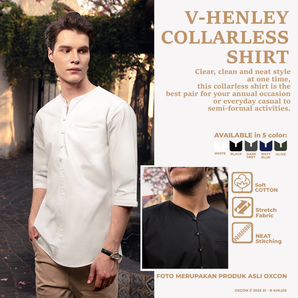 OXCON kemeja koko Vneck Henley Collarless shirt
