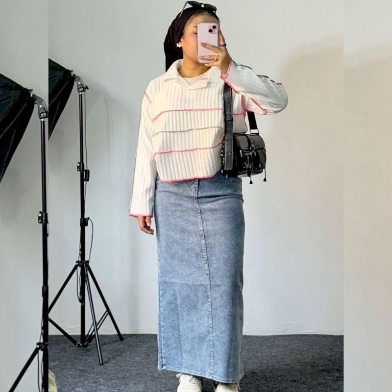 rok jeans Theana panjang all size jumbo bahan tebal Stretch premium 
