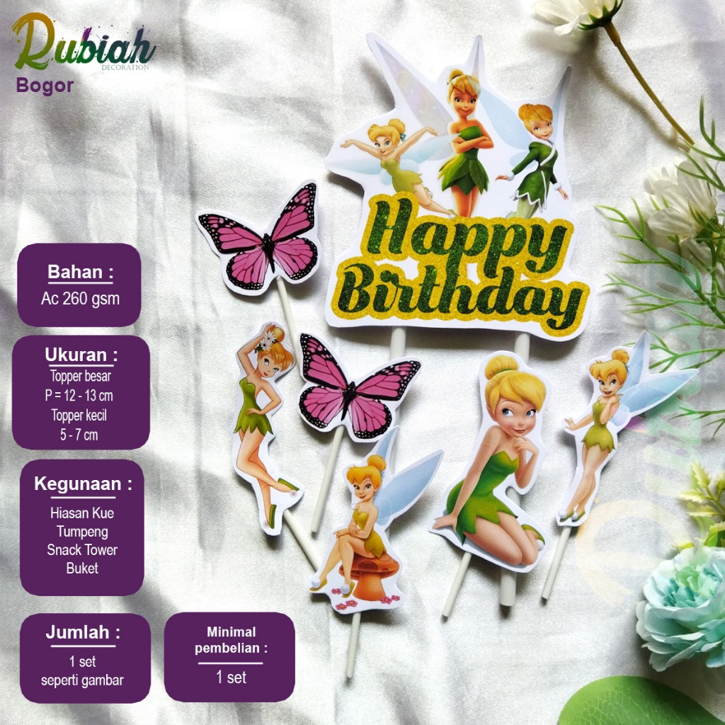 Custom Cake Topper Nama Foto Karakter Tinkerbell Hiasan Kue Ulang Tahun Buket Tumpeng Snack Tower