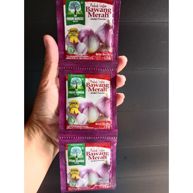 

Bubuk Bawang Merah Cap Pohon Mangga 1 Renceng isi 12 Sachet