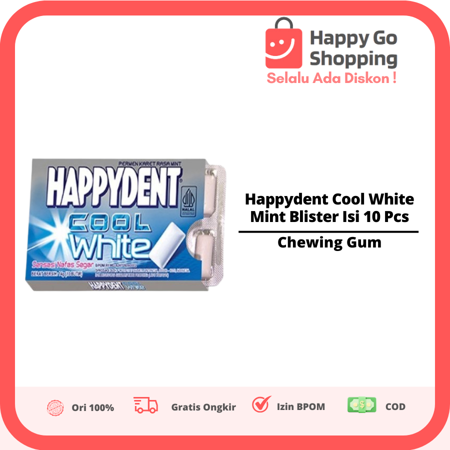 

Happydent Cool White Mint Blister Isi 10 Pcs - Permen Karet Rasa Mint