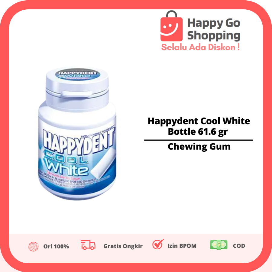 

Happydent Cool White Bottle 61.6 gr - Permen Karet Rasa Mint