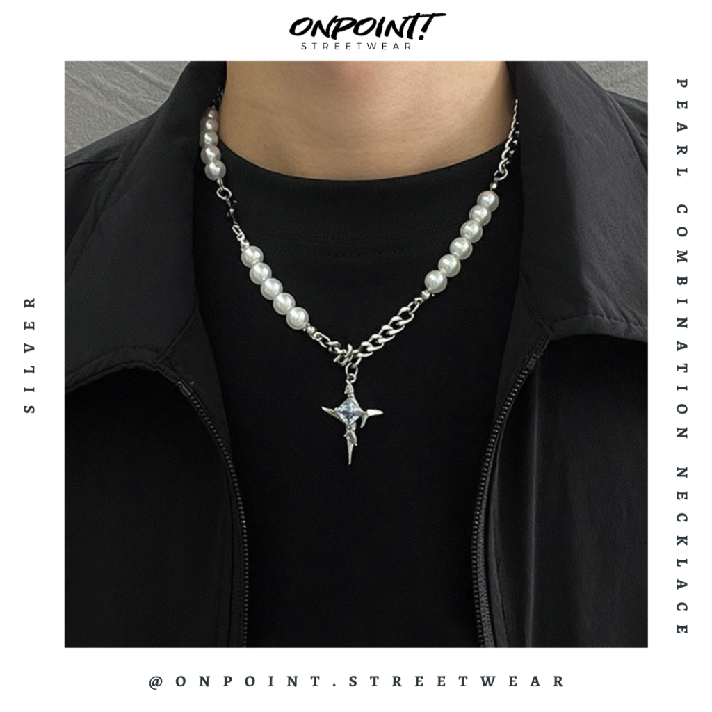 Pearl Combination Necklace - kalung pria aksesoris pria fashion silver korea streetwear kalung neckl