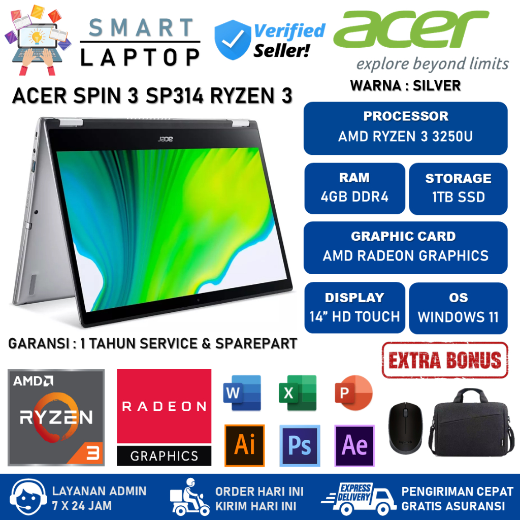 Laptop 2in1 Acer Aspire Spin 3 SP314 AMD Ryzen 3 3250U 4GB 1TB SSD Touchscreen Windows 11 Home