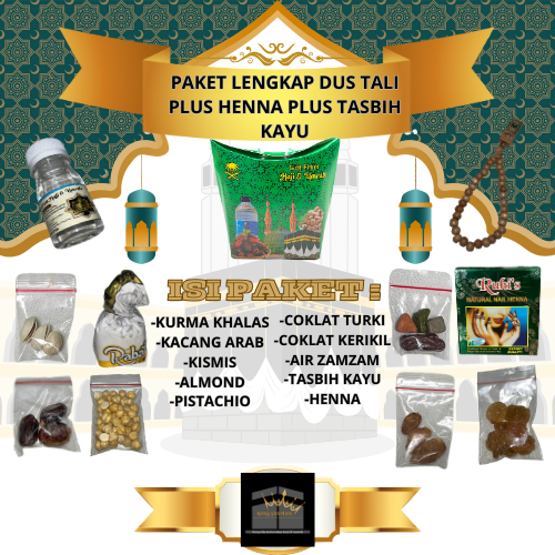 

Paket Lengkap Dus Tali Oleh-Oleh Haji Dan Umroh Plus Henna Plus Tasbih Kayu