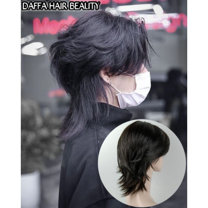 WIG RAMBUT PALSU PRIA MULLET WOLFCUT PANJANG