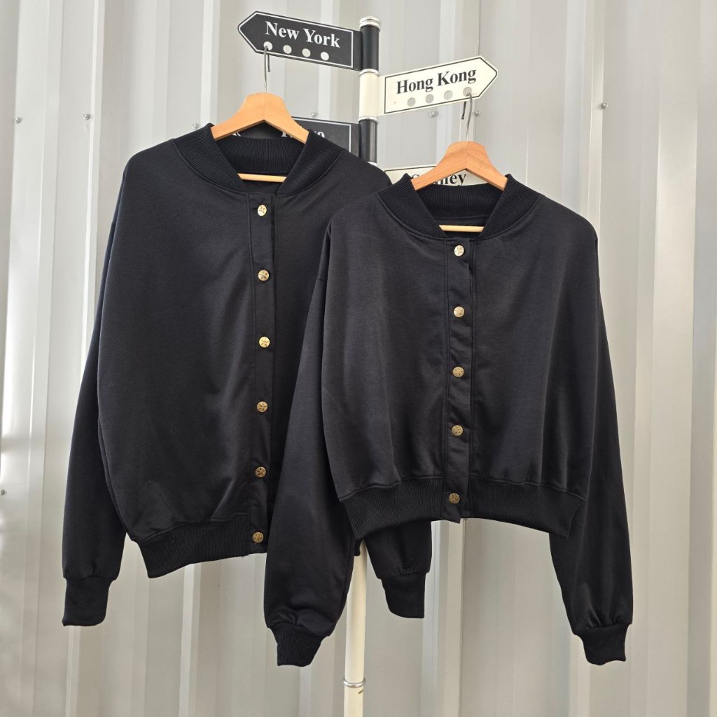 isi 2 pcs Jaket Sweater Couple Pasangan Polos Crop Top Sweter Kapelan Terbaru Crewneck Bomber Hitam
